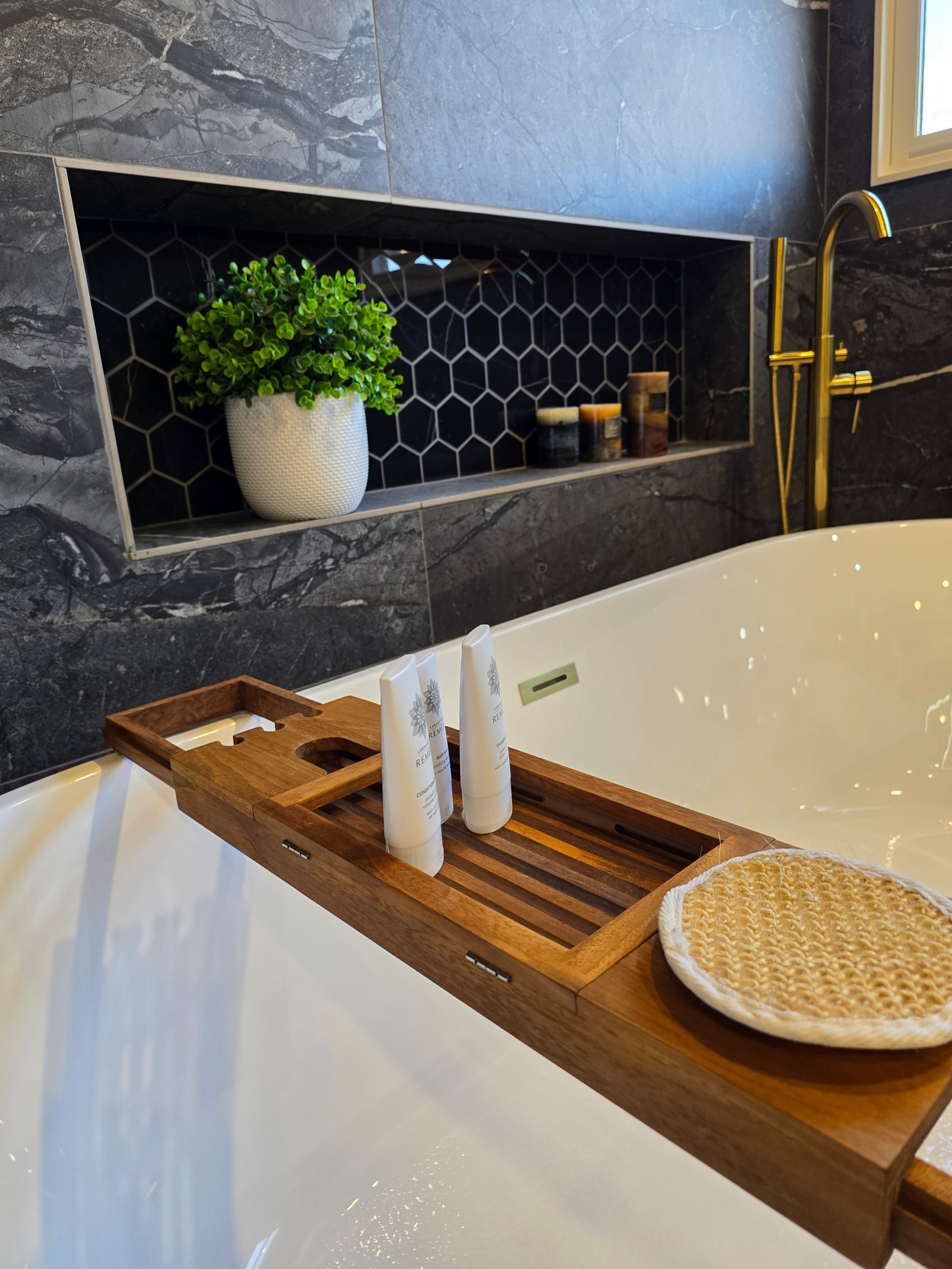 Main Bath full remodeling with custom vanity, freestanding tub & walk-in shower