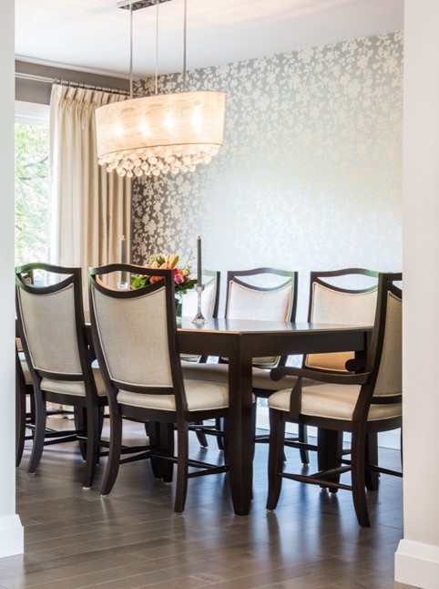 Inspiration for a mid-sized transitional medium tone wood floor kitchen/dining room combo remodel in Toronto with gray walls and no fireplace