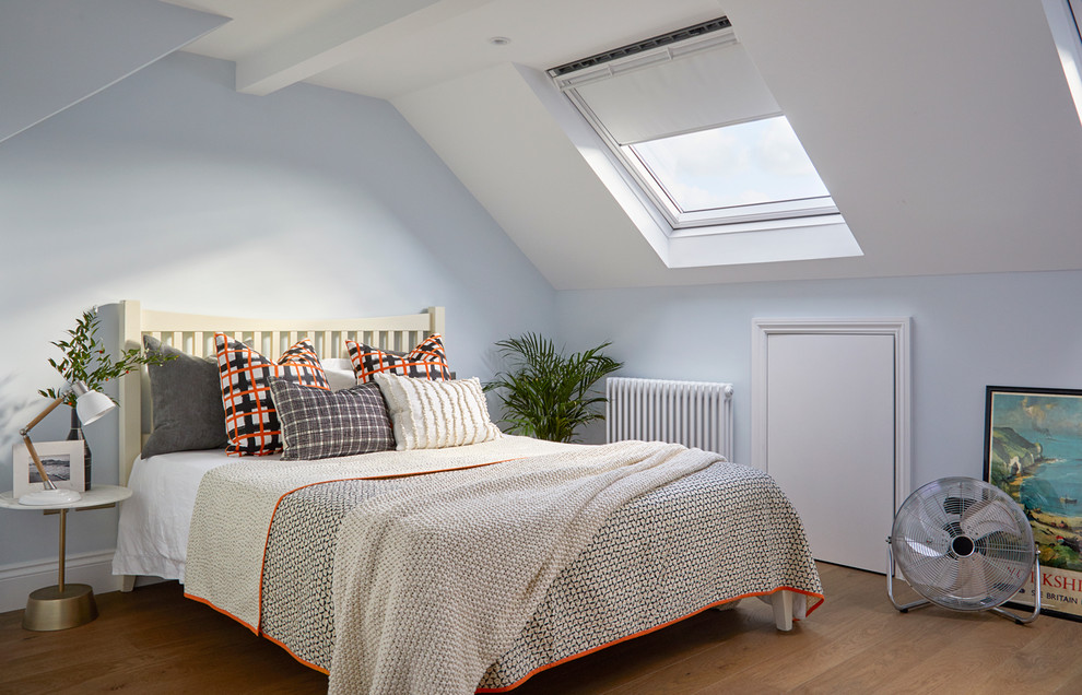 Photo of a transitional bedroom in London with blue walls, medium hardwood floors and brown floor.