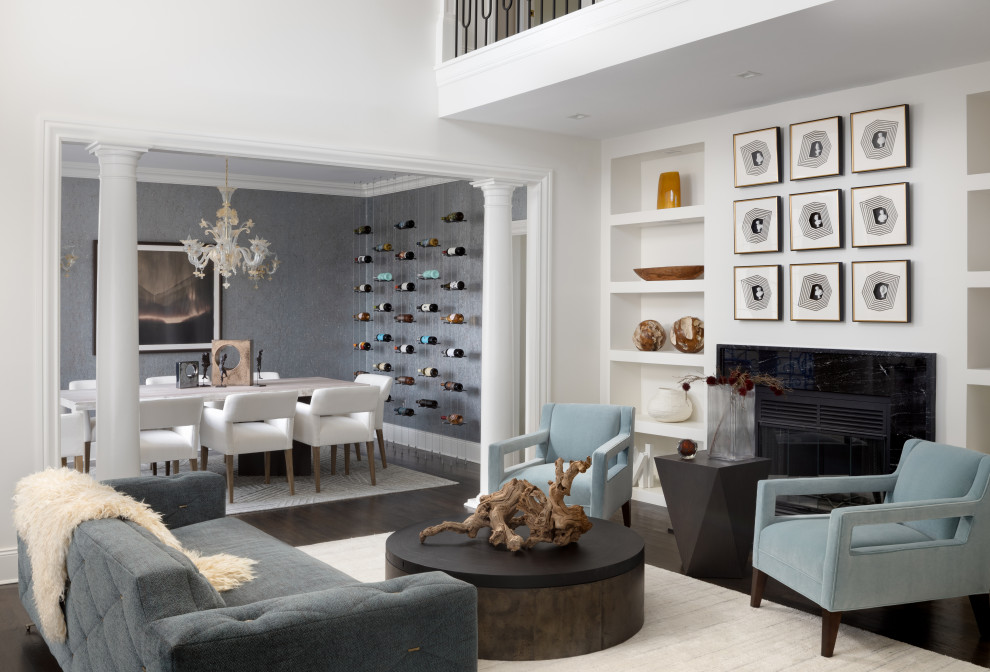 Inspiration for a mid-sized transitional formal open concept living room in Baltimore with white walls, dark hardwood floors, a standard fireplace, a stone fireplace surround, no tv, brown floor, vaulted and wood walls.