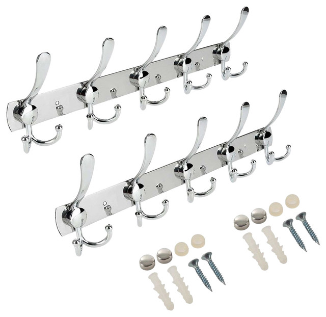 Set of 2 Wall Mounted Coat Racks, Chrome Plated Steel With 15 Hanger Hooks