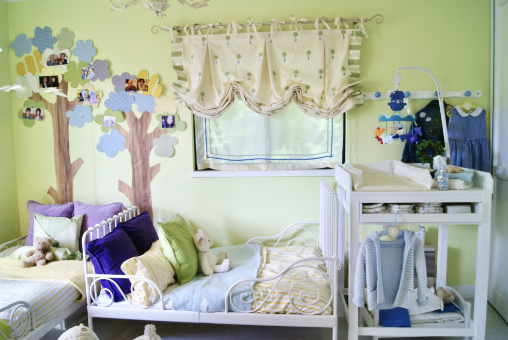 Inspiration for a small country toddler’s room for girls in Other with green walls, cork flooring, white floors, a wallpapered ceiling and tongue and groove walls.