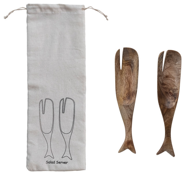 9.75" Mango Wood Whale Salad Servers, Printed Drawstring Bag, Natural, Set of 2