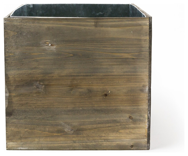 Brown Wood Planter Cube Box With Zinc Liner Rustic Outdoor Pots And