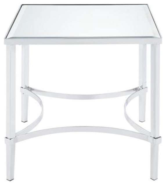 Modern Style Square Metal Frame End Table with Mirrored Top, Silver