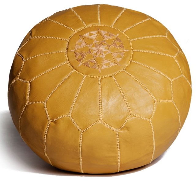 Moroccan Leather Pouf Ottoman, Mustard Yellow, Stuffed