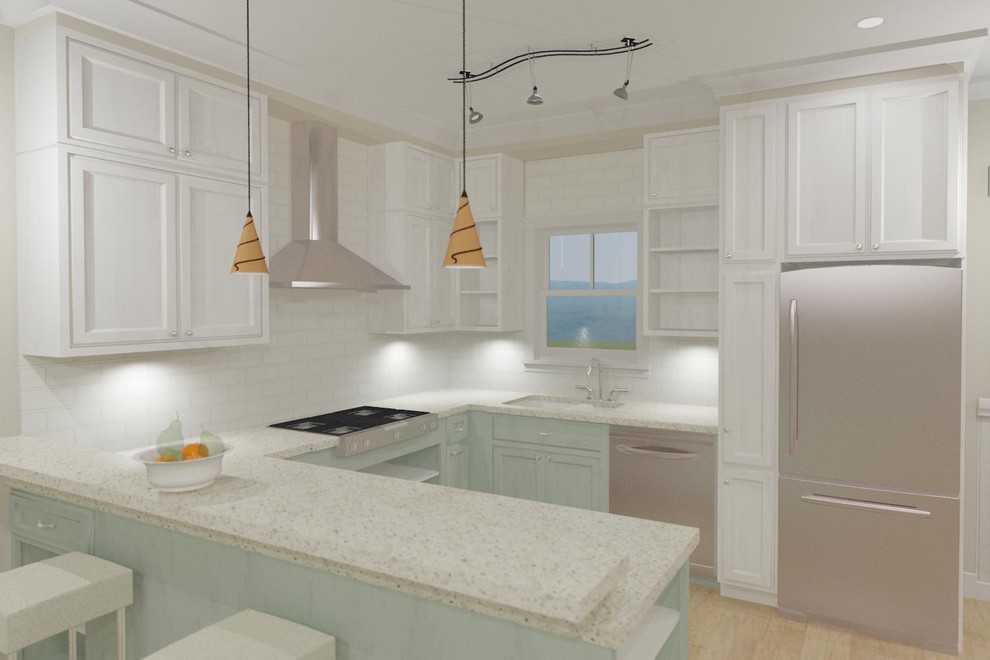 This is an example of a mid-sized beach style u-shaped open plan kitchen in Charleston with an undermount sink, recessed-panel cabinets, turquoise cabinets, recycled glass benchtops, white splashback, subway tile splashback, stainless steel appliances, medium hardwood floors and a peninsula.