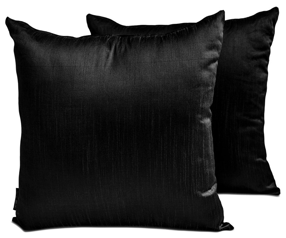 Black Art Silk Plain & Solid Set of 2, 16"x16" Throw Pillow Cover - Black Luxury