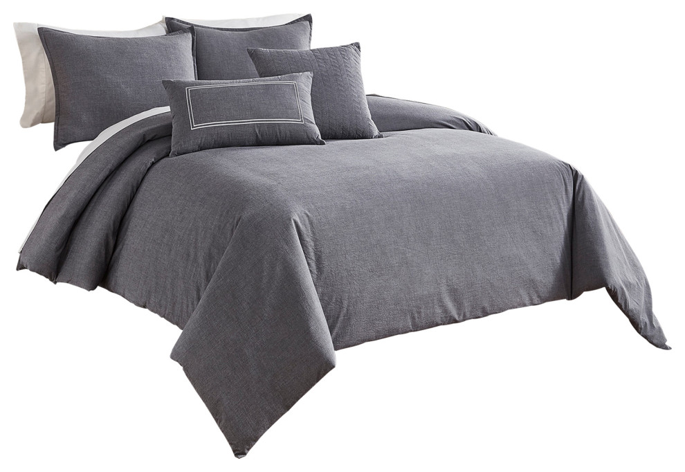 6 Piece King Cotton Comforter Cover Set with Cross Woven Texture, Gray