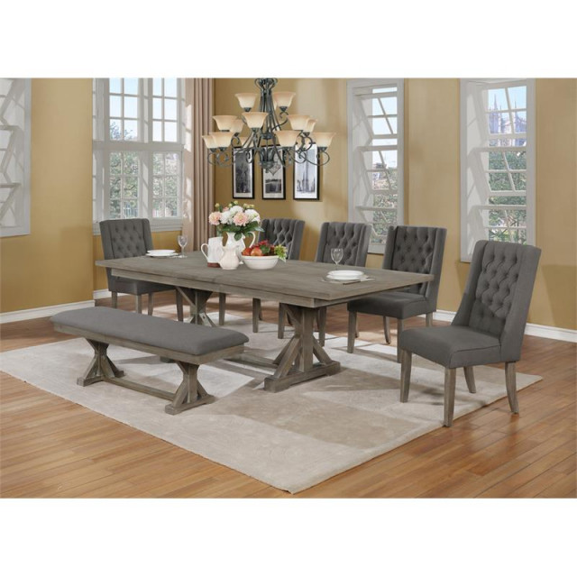 Rustic 7pc Dining Set with Gray Chairs and Bench and Extendable Wood ...