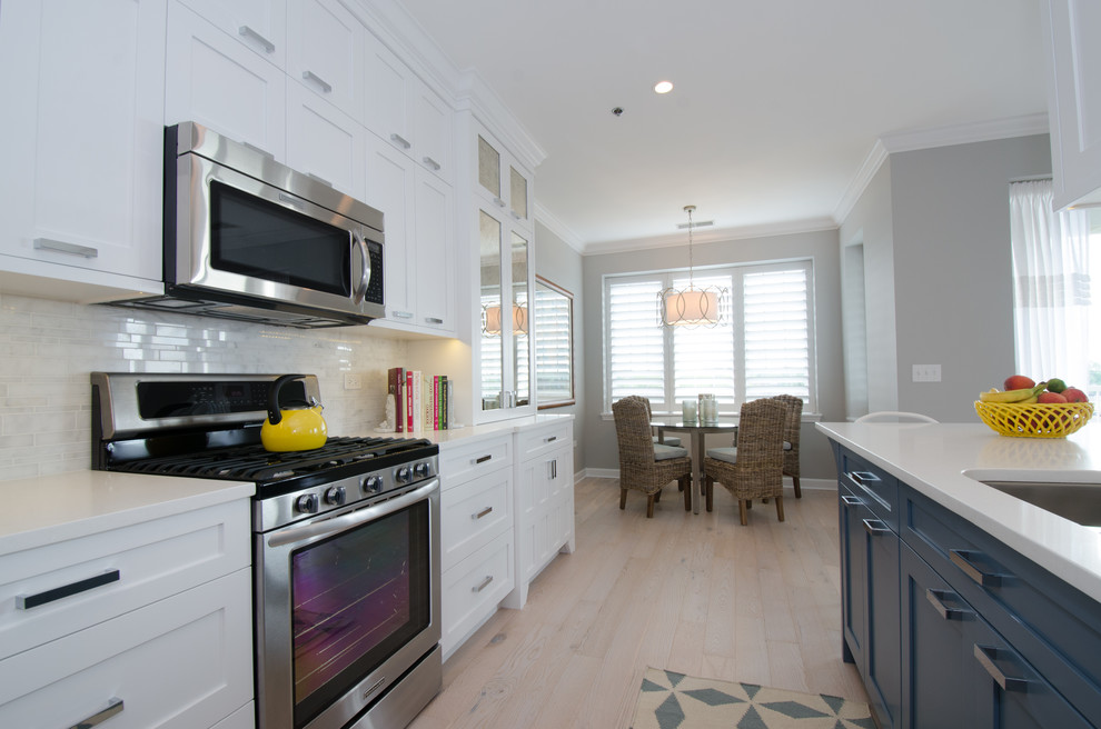 Inspiration for a transitional light wood floor kitchen remodel in Chicago with an undermount sink, shaker cabinets, stainless steel appliances and no island