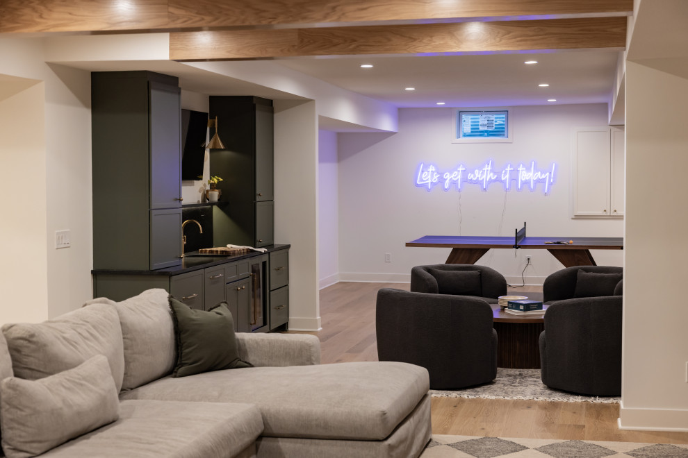 Modern Cozy Basement Remodel with Kings Buff Oak Flooring - Modern ...