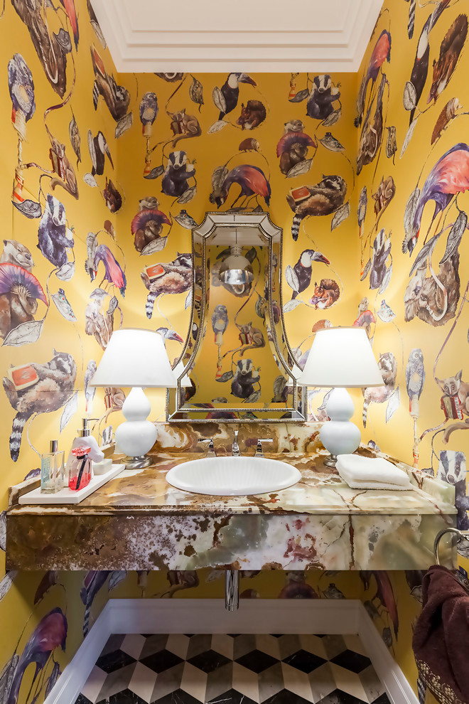 This is an example of an eclectic powder room in Moscow with a drop-in sink and multi-coloured floor.
