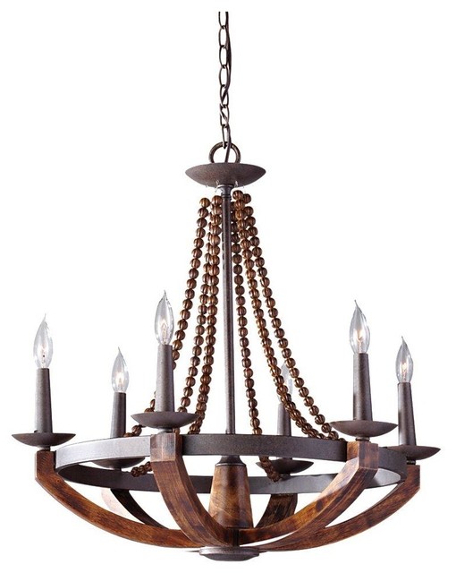 Feiss Adan 6-Light Rustic Iron/Burnished Wood up Chandelier