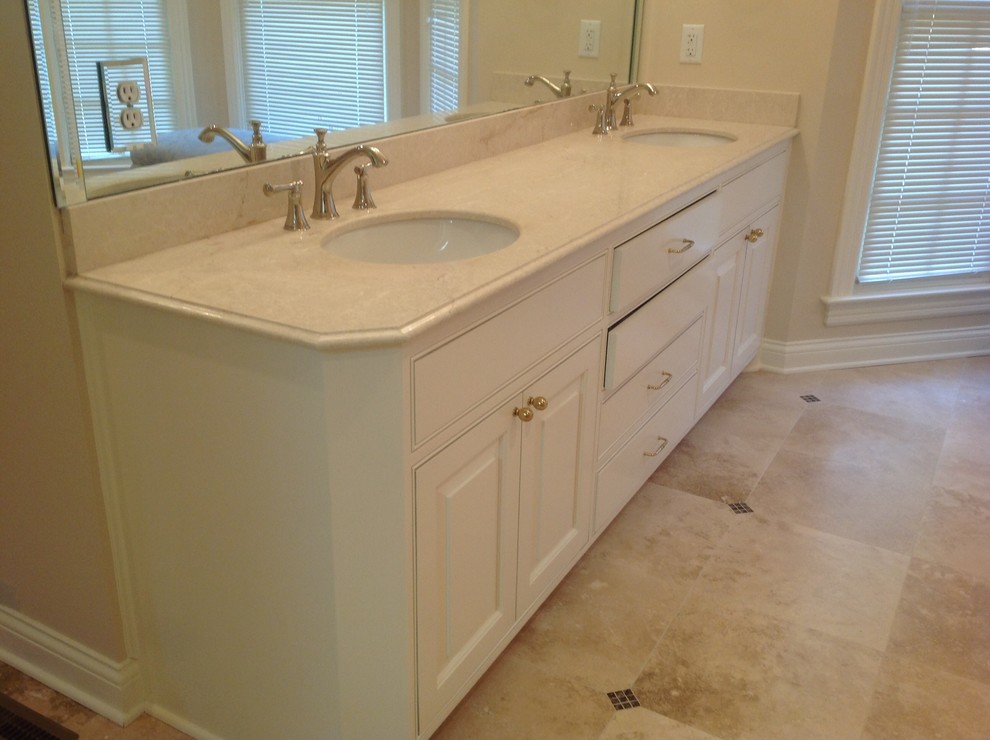 Doorless shower - transitional beige tile and stone tile travertine floor doorless shower idea in Nashville with marble countertops