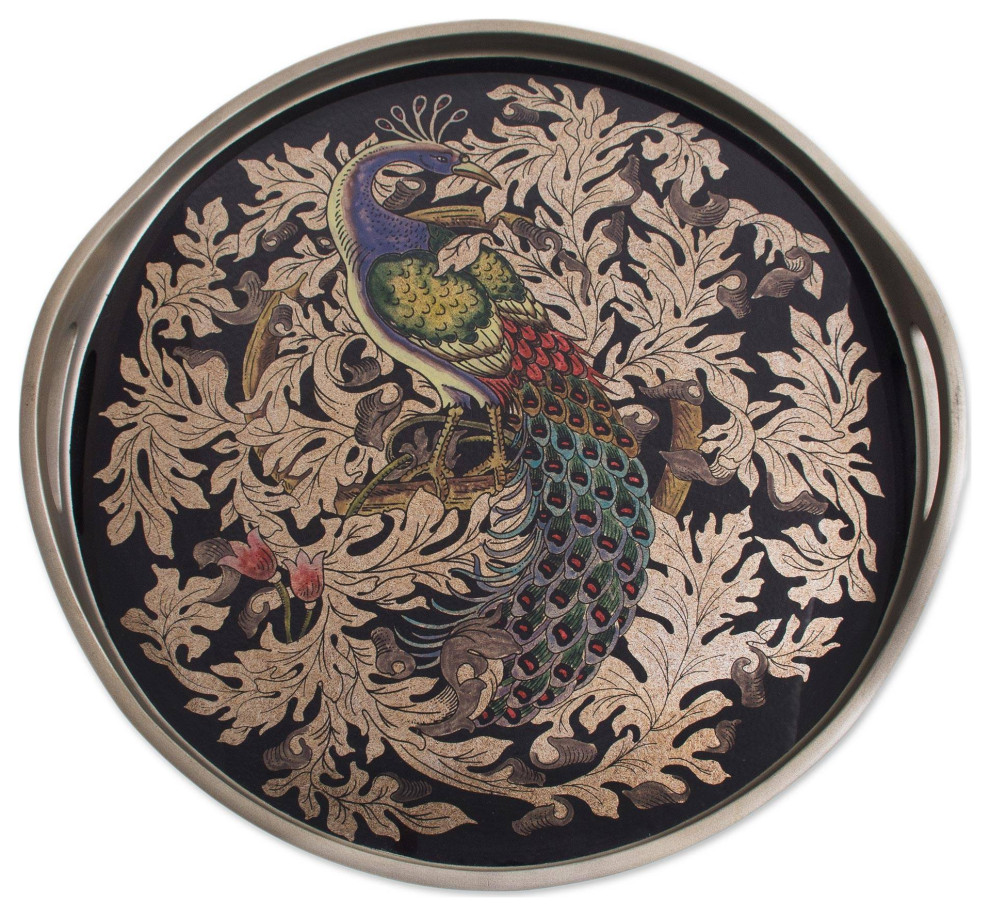 NOVICA Mystic Peacock In Silver And Reverse-Painted Glass Tray