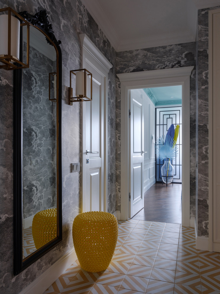 This is an example of an eclectic hallway in Other with grey walls and yellow floor.