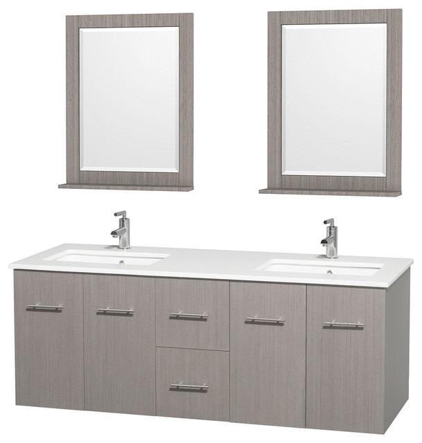 Centra 60" Gray Oak Double Vanity, White ManMade Stone Top, DropIn Square Sink Modern