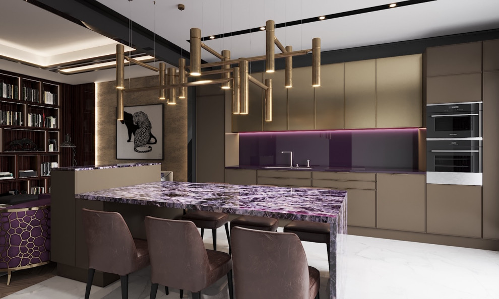 Mid-sized contemporary single-wall eat-in kitchen in Toronto with a single-bowl sink, beige cabinets, glass benchtops, glass tile splashback, black appliances, marble floors, no island, white floor and purple benchtop.