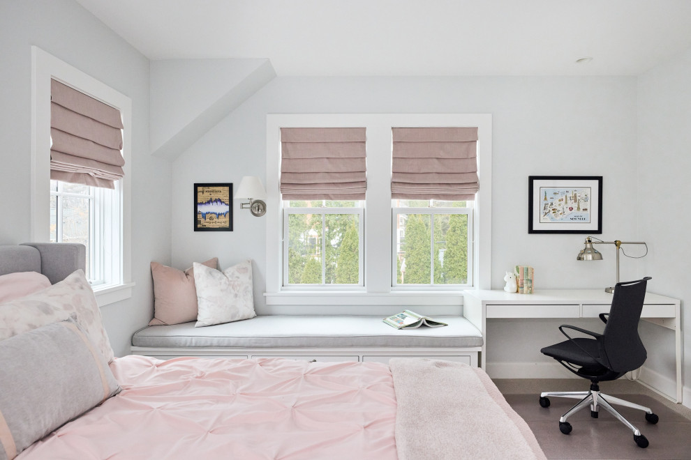 Kids' bedroom - bedroom and mid-sized transitional gender-neutral brown floor kids' bedroom idea in Minneapolis with white walls