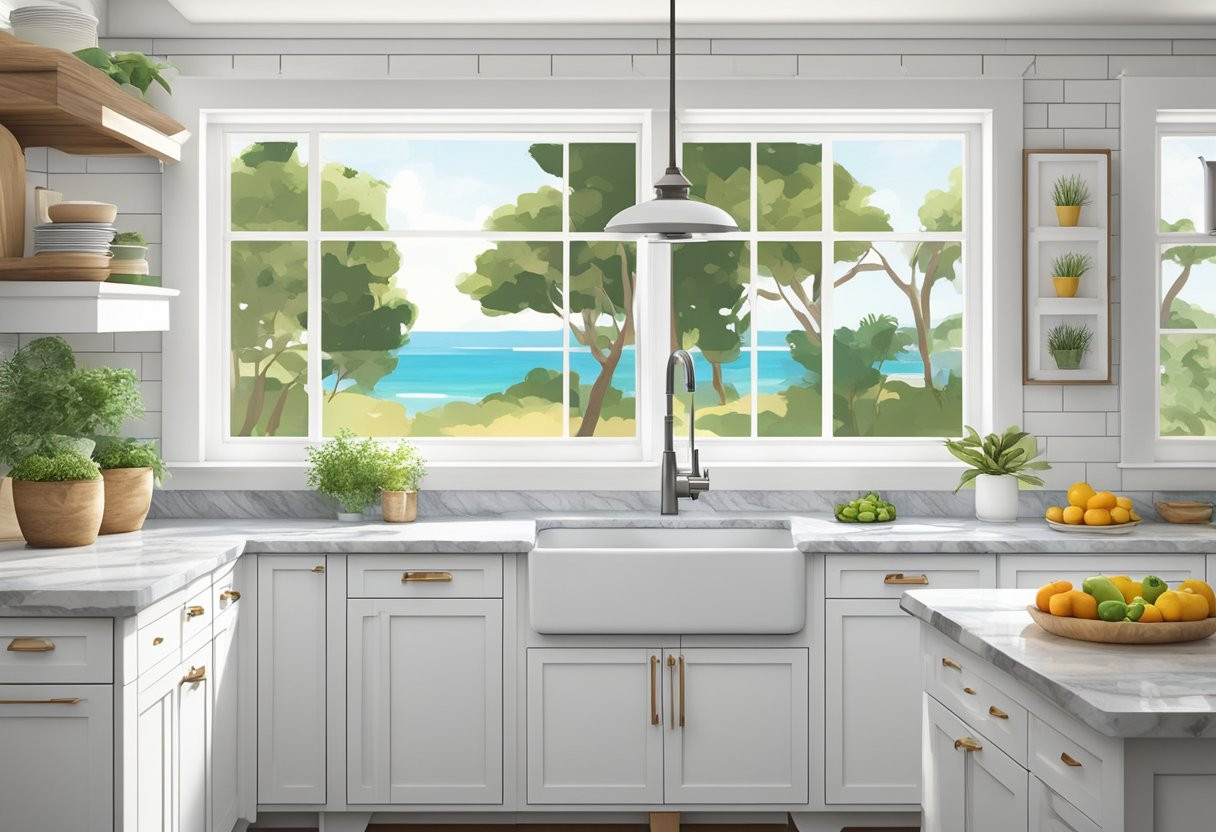 A kitchen with a view of the sea