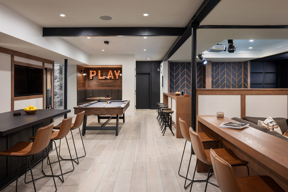 Inspiration for a mid-sized contemporary open concept family room in New York with a game room, white walls, medium hardwood floors, no fireplace and no tv.