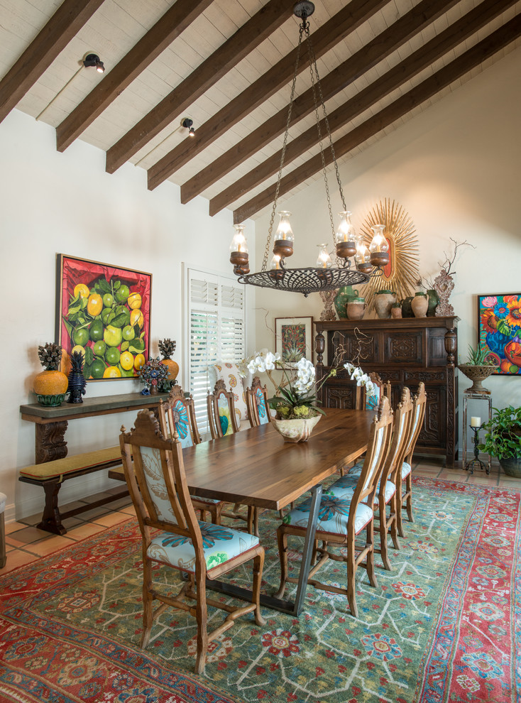 Large eclectic kitchen/dining combo in Other with beige walls, terra-cotta floors and orange floor.