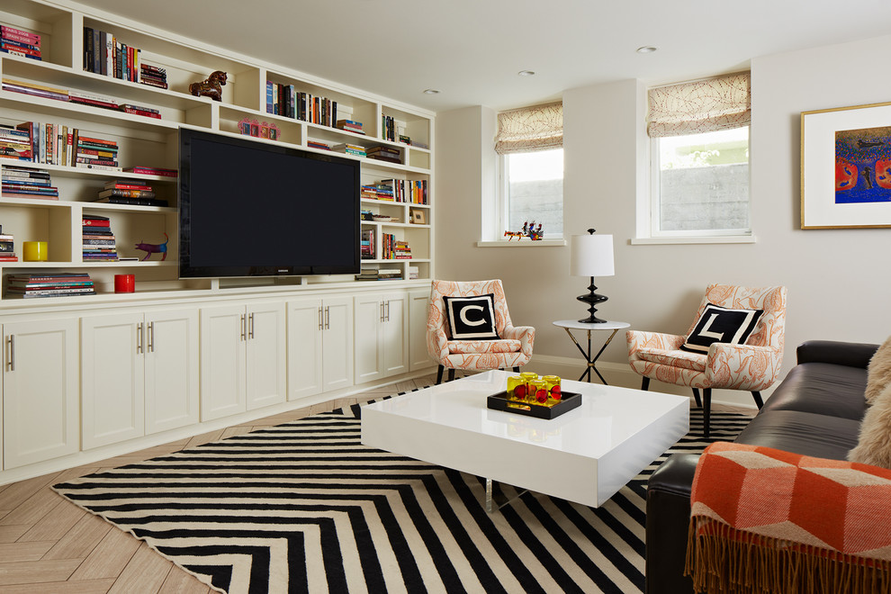Inspiration for a mid-sized transitional porcelain tile and beige floor family room remodel in Minneapolis with white walls and no fireplace