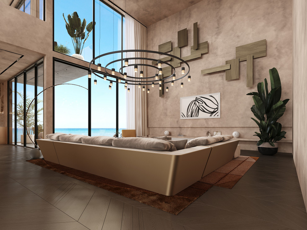 На фото: открытая гостиная комната:: освещение в стиле модернизм с серыми стенами, темным паркетным полом и коричневым полом без камина, телевизора с