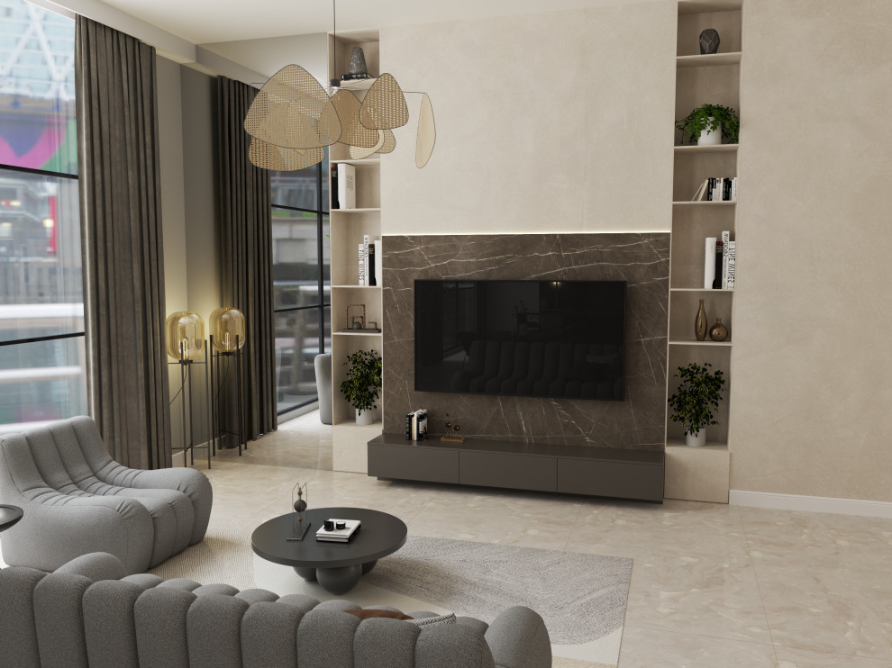 Design ideas for a large contemporary open plan living room feature wall in London with ceramic flooring, a wall mounted tv and beige floors.