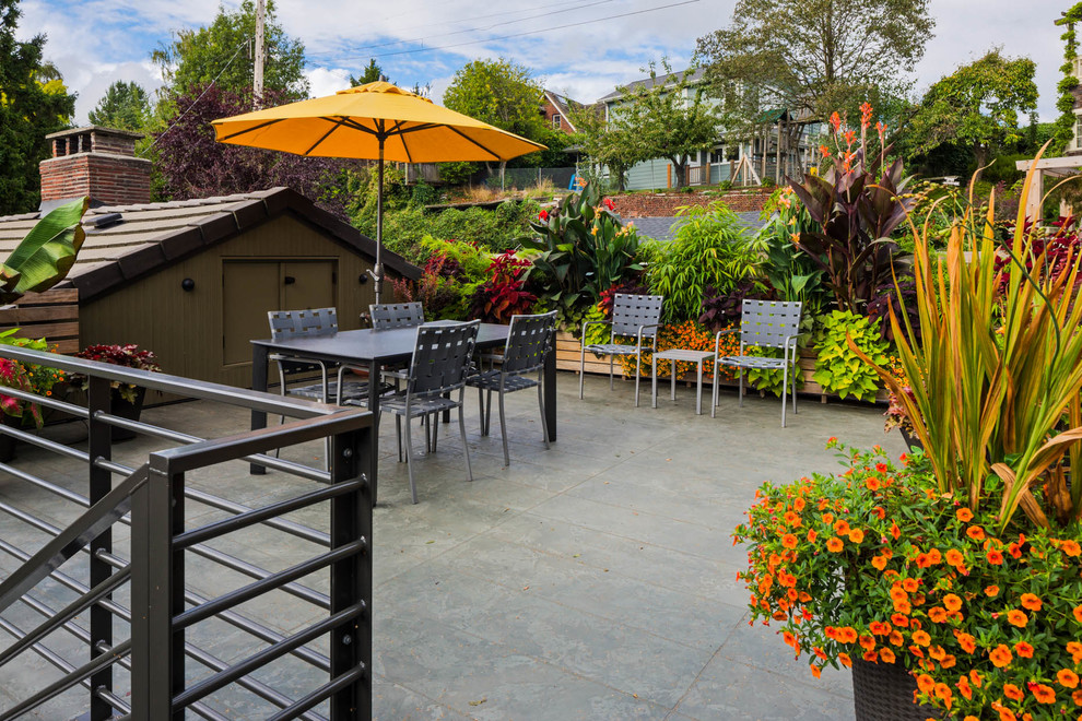 Photo of a mid-sized contemporary rooftop and rooftop deck in Seattle with a container garden and no cover.