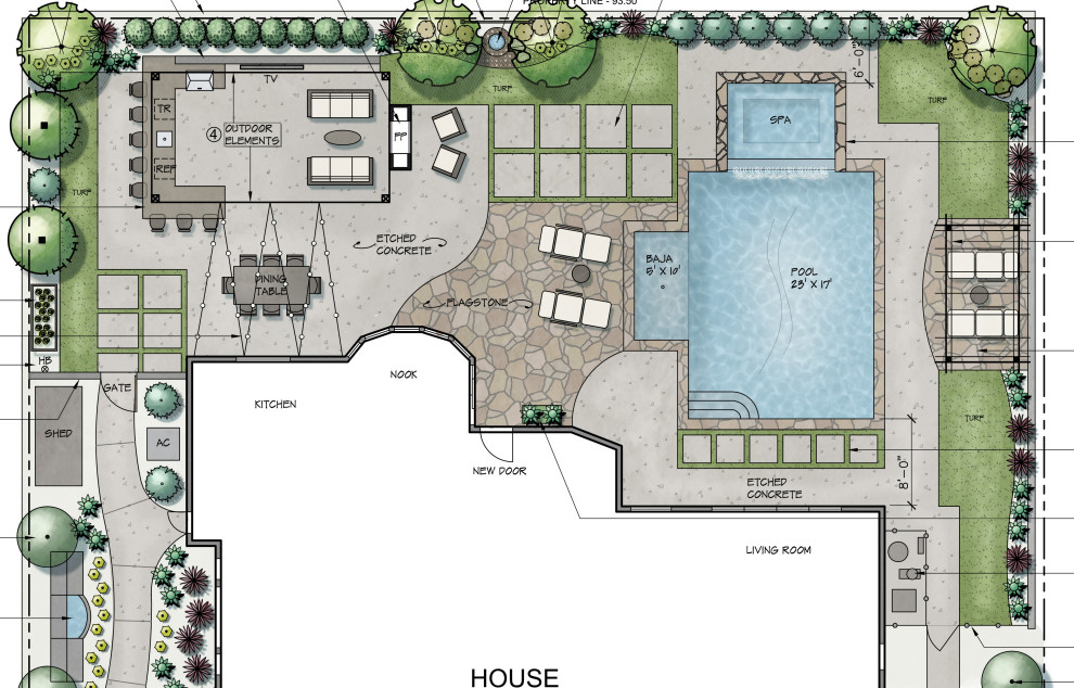Idee per un grande giardino formale design esposto in pieno sole dietro casa in estate con un caminetto, pavimentazioni in cemento e recinzione in metallo