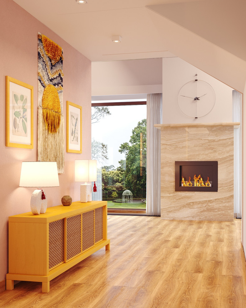 Photo of an asian living room in Other with pink walls, a ribbon fireplace, a metal fireplace surround and brown floor.