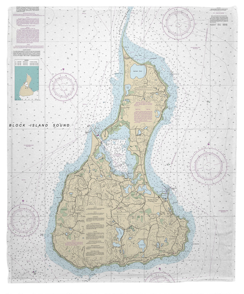 Block Island, Ri Nautical Chart Fleece Throw Blanket