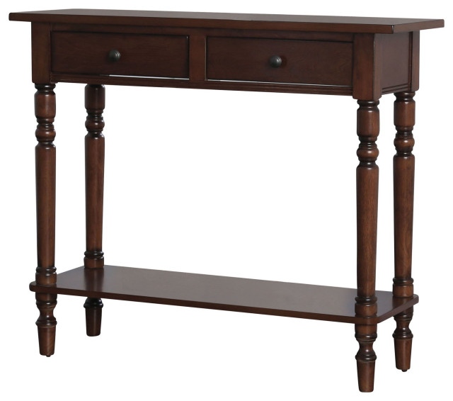 Classic Console Table, Turned Legs With Open Bottom Shelf & 2 Drawers Traditional Console