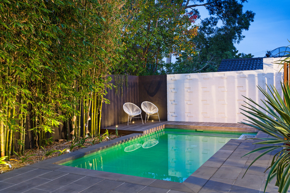 Immagine di una piscina naturale minimalista personalizzata di medie dimensioni e dietro casa