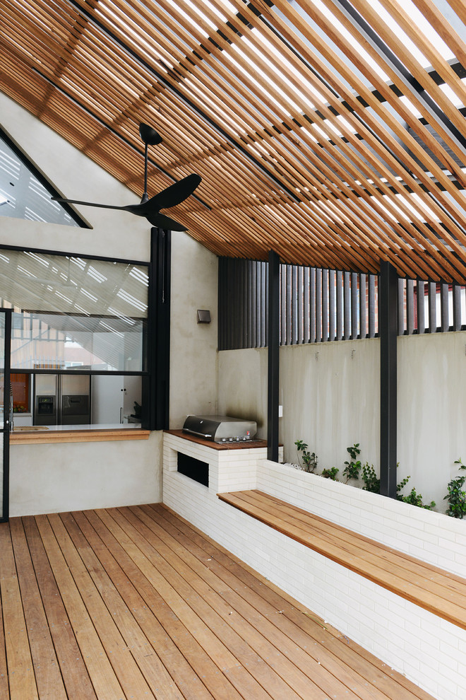 Design ideas for a scandinavian backyard patio in Melbourne with decking and a roof extension.