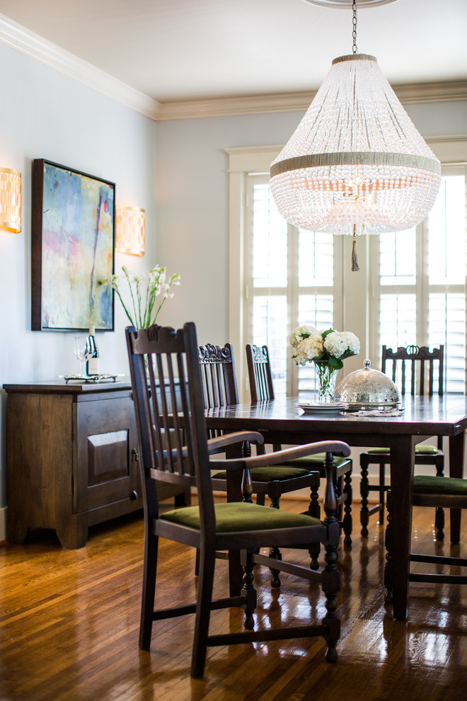 Design ideas for a mid-sized transitional separate dining room in Nashville with grey walls and dark hardwood floors.