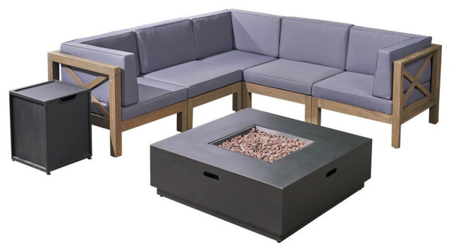 GDF Studio 7-Piece Gina Outdoor Acacia Wood Sofa Set With Fire Pit, Gray/Dark Gray