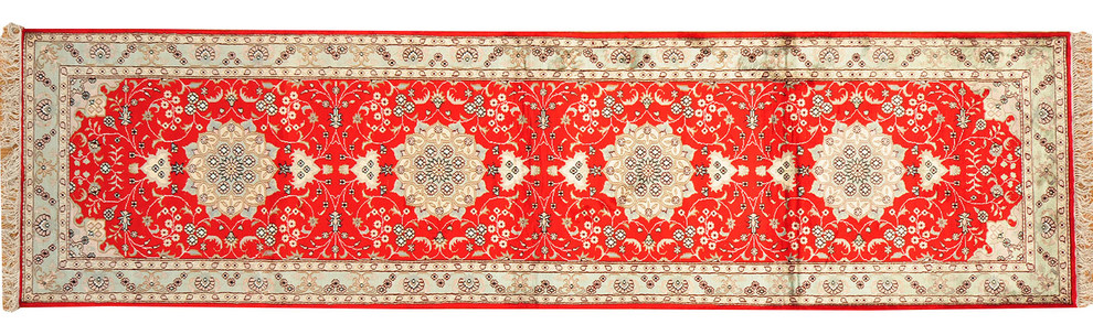 Kashan Oriental Rug, 3'X10' Hand Knotted Silken 250 Kpsi Red Runner Rug