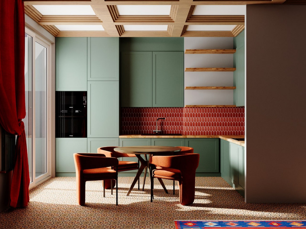 Проект: Кухня-столовая в стиле "Ретро-модерн" с акцентом на цвет, текстуру и арх