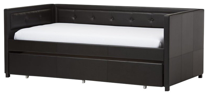 Frank Faux Leather Button-Tufting Sofa Twin Daybed With Trundle Bed, Black