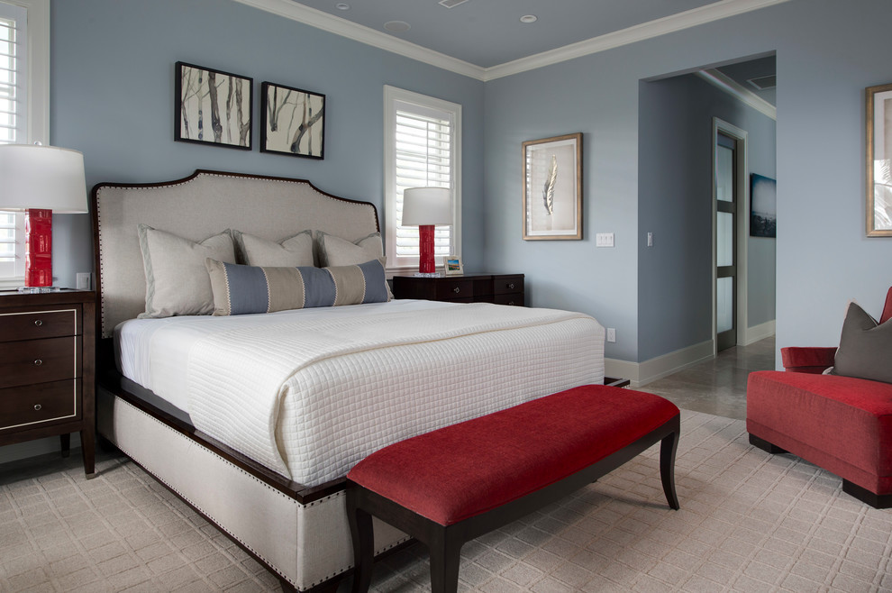 Mid-sized transitional guest bedroom in Miami with blue walls, travertine floors and beige floor.