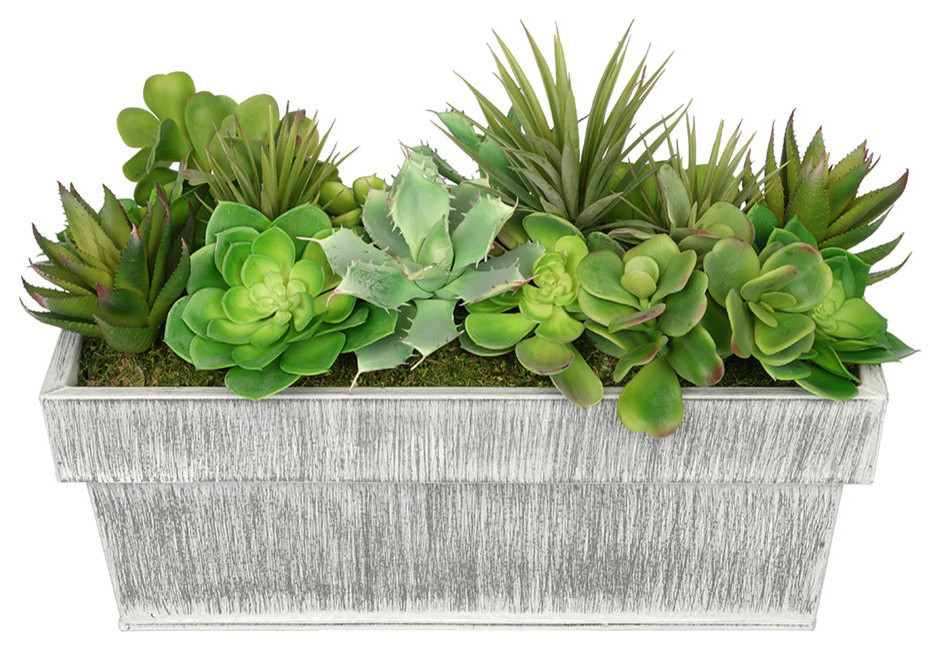 Artificial Succulent Garden, Distressed White/Silver Zinc Rectangle Planter Farmhouse