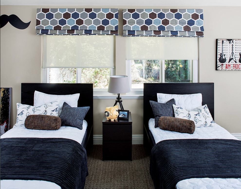 Inspiration for a transitional boy carpeted and brown floor kids' room remodel in San Francisco with beige walls