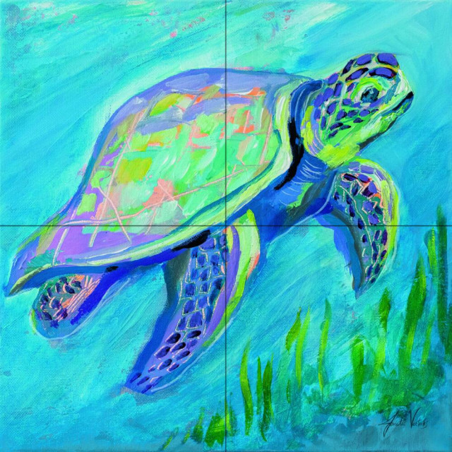 Tile Mural Bathroom Backsplash Sea Turtle Swim by Jeanette Vertentes
