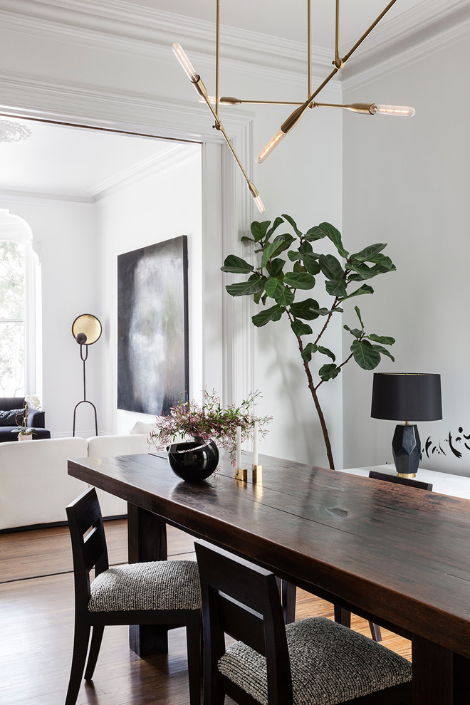 Inspiration for a contemporary separate dining room in San Francisco with white walls and light hardwood floors.