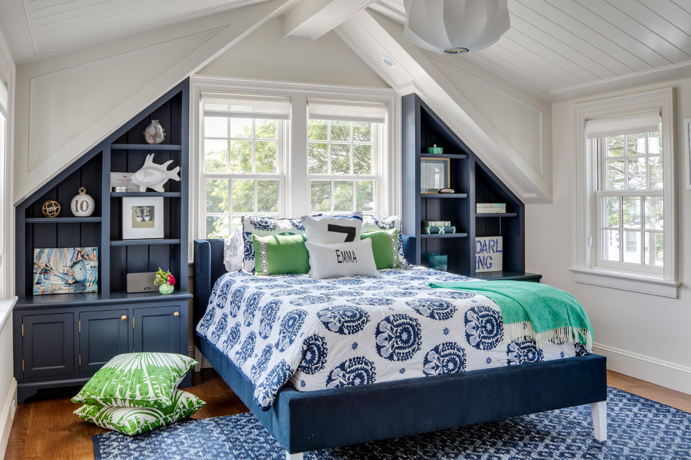 Design ideas for a beach style kids' bedroom for girls in Boston with white walls and medium hardwood floors.