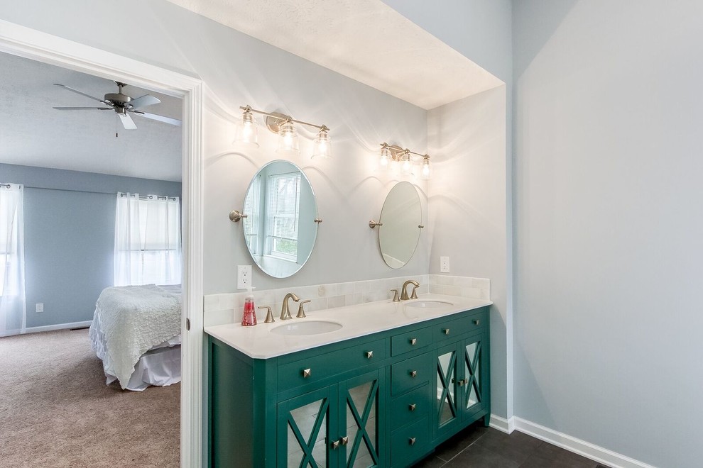 Drop-in bathtub - mid-sized transitional master white tile and marble tile porcelain tile and brown floor drop-in bathtub idea in Columbus with furniture-like cabinets, turquoise cabinets, gray walls, an undermount sink and marble countertops