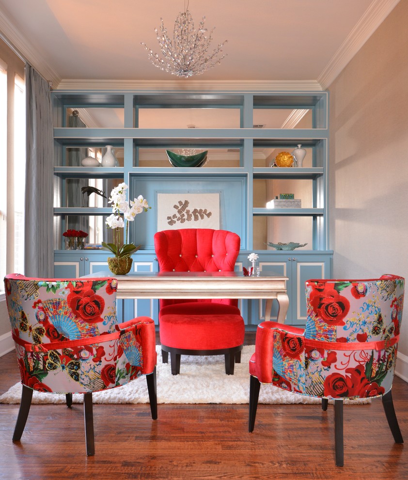 Study room - transitional freestanding desk medium tone wood floor study room idea in Dallas with beige walls